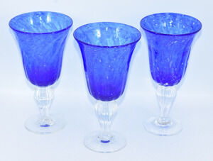 Val De Pome Christophe Saba Biot Seeded Blue Wine/Water Stemware Goblets France